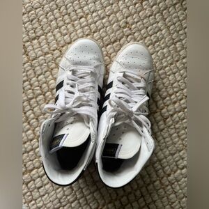 adidas Basket Pro White Leather High Top black Stripes & Gold Logo Size 10